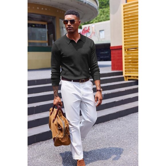 Men's Knit Polo Sweater V-Neck Long Sleeve Dress Pullover Fall Sweater Black - Picture 2 of 5